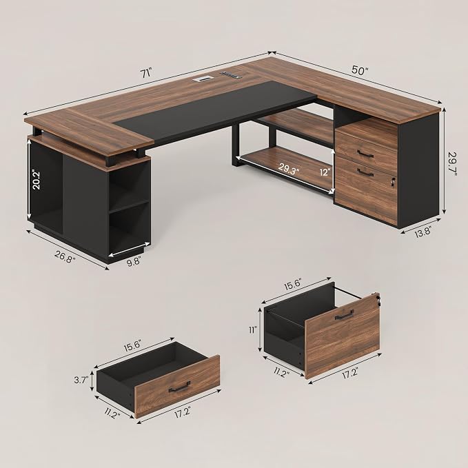 2 Pcs 71" Executive Desk with Lockable File Cabinet, L Shaped Office Desk | with 2 Drawers, Storage Cabinet, Power Outlets, Executive Desk with CPU Stand and Storage Shelves,Modesty Panel, Walnut