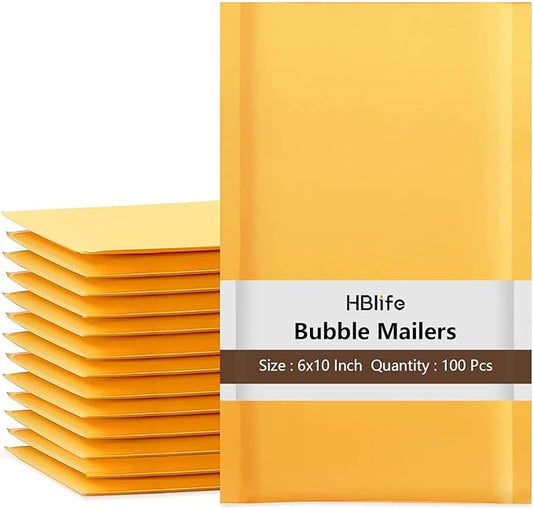HBlife 100Pcs Kraft Yellow Bubble Mailers, 6x10 Inches Self Seal Kraft Poly Mailers, Padded Envelopes Shipping Bags Packaging for Small Business
