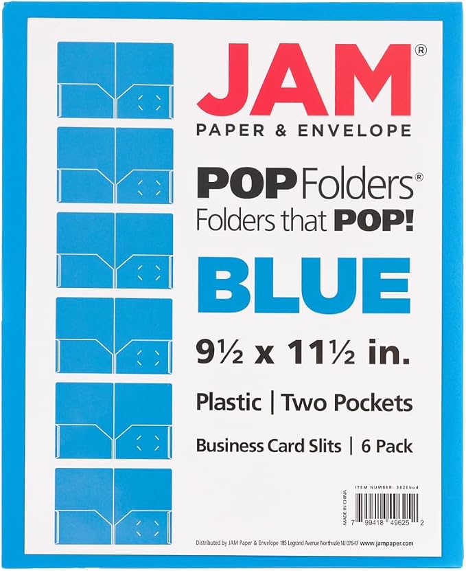 JAM PAPER Plastic 2 Pocket POP Folders - Durable School Folders - Light Blue - 6/Pack