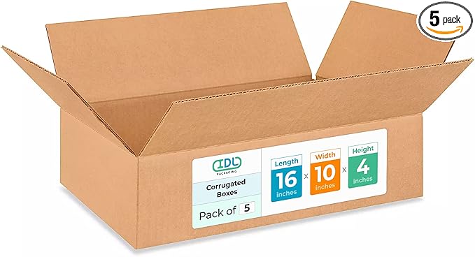 Medium Moving & Shipping Boxes 16 x 10 x 4 inches (5-Pack) - Extra Strength 200 lb vs Regular - USA-Made Corrugated Strong Boxes for Shipping - Cardboard Heavy Duty Box for Delivery by IDL Packaging