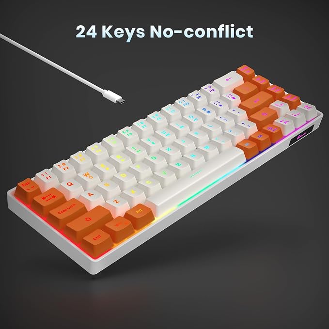 GEODMAER 65% Gaming Keyboard, LED Backlit Mini Wired Keyboard, Ultra-Compact Anti-Ghosting No-Conflict 68 Keys Membrane Gaming Wired Keyboard for PC Laptop Windows Gamer(White-Orange)