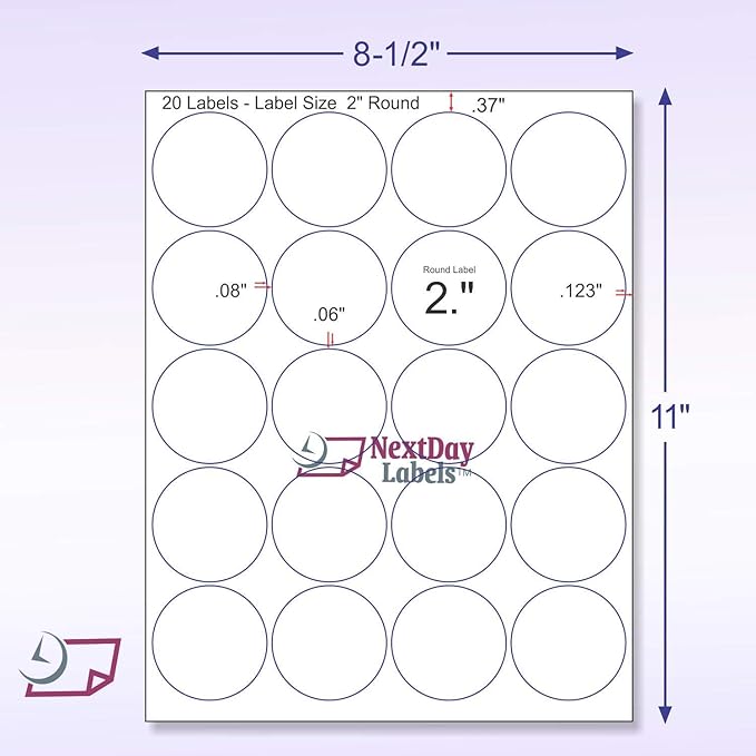 2 Inch Round Labels for Inkjet or Laser Printer - Matte White Printable Stickers from NextDayLabels, Custom Label Printer Stickers for Jars Or Product Label, 500 Circle Sticker Labels, 25 Pages