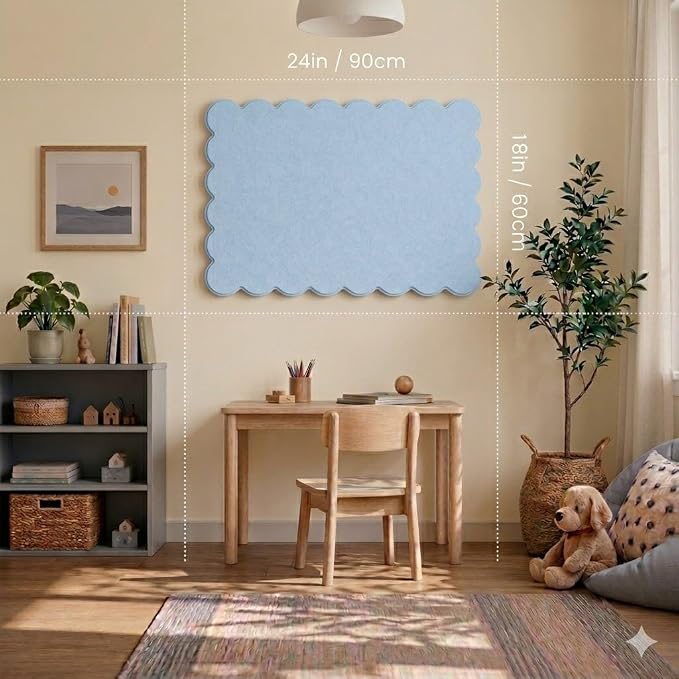 Scalloped Felt Bulletin Board 24x18 Inch, Blue Decorative Pin Board | Self Adhesive Vision Board for Wall, Memo Board for Bedroom, Dorm and Office, Felt Board for Notes, Photos and Reminders