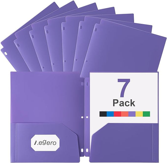 Plastic 3 Hole Punch Folders with Pockets (7 Pack, Purple), Fits 3-Ring Binder, Divider Folder for Notebook, Durable Poly，Holds US Standard 8.5x11 Letter Size Paper
