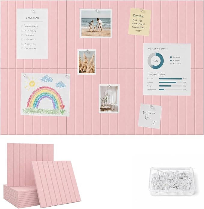 36" x24" Large Felt Bulletin Board, Bold-Stripe 6-Pack Cork Boards | Fabric Bulletin Board with 30 Adhesive Tabs, 30 Pushpins, Felt Wall Tiles for Office Push Pin Board Felt Board, Coral Pink | Fabric Bulletin Board with 30 Adhesive Tabs, 30 Pushpins, ...