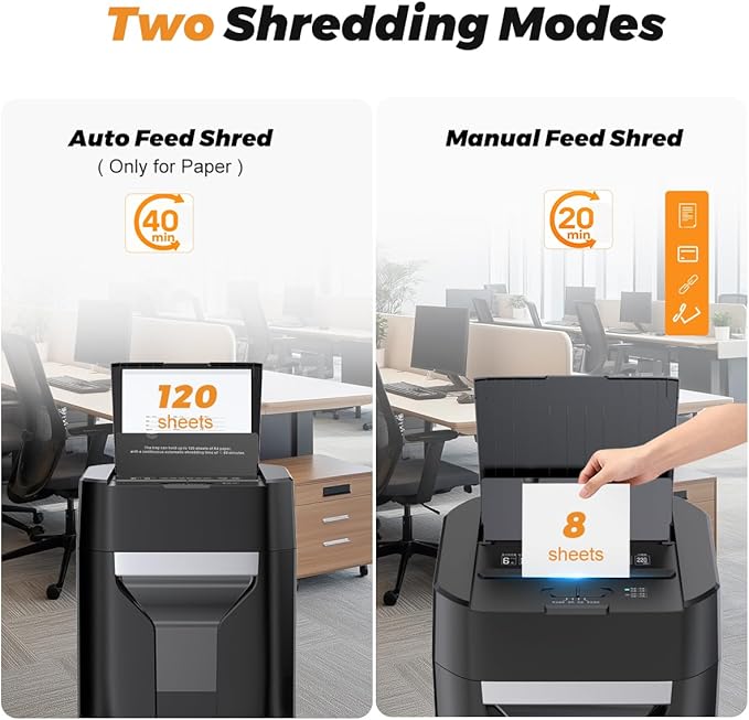 120-Sheet Auto Feed Paper Shredder, 40 Min Non-Stop, Shredders for Home Office Heavy Duty, P-4 Ultra Security Shredder for Home Office, Cross-Cut with Wheels, 5.28 Gal Bin, <63 dB (OL287)