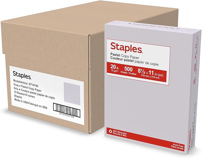 Staples Pastel Recycled Copy Paper, 8.5x11 Inch, Gray, 500/Rm, 10 Rm | 30% recycled, 20 lb. colored sheets for printing and office projects.