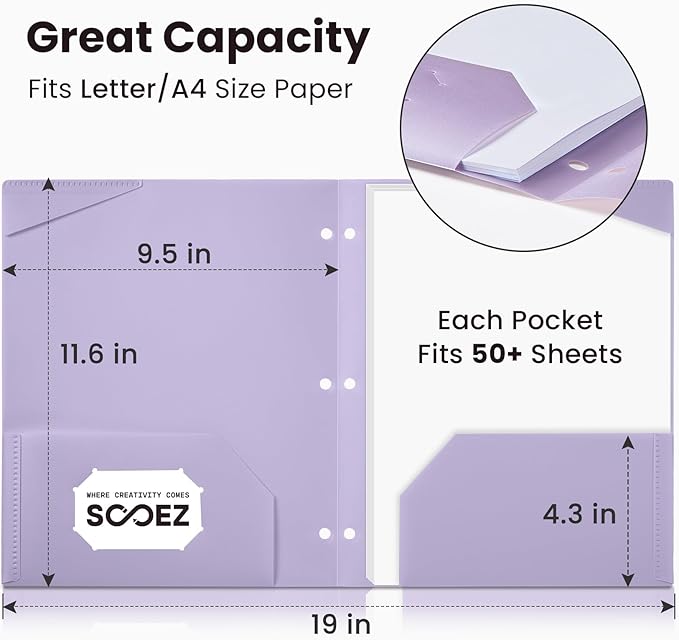 Sooez 2-Pocket Folders, Plastic Folders with Pockets 3 Hole Punched | 1 Pack Pockets Folder for 3 Ring Binder with Labels, Heavy Duty Binder Folder for Document, Letter Size File Folder,Red