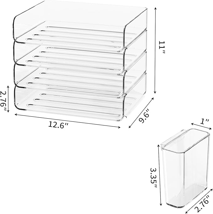 4-Tier Horizontal Acrylic Paper Tray Organizer with Pen Holder | Clear Stackable Desk Organizer for Documents, Letters, A4 Paper | Modern Office/Classroom/Home Organization