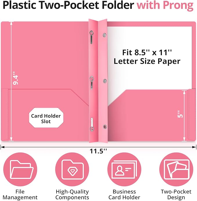 Plastic Folders with Pockets and Prongs (6 Pack, Pastel Colors), 2-Pocket Poly Folders with 3 Hole Punch and Business Card Slot, Fits Letter Size Paper, for School, Office, or Home Use