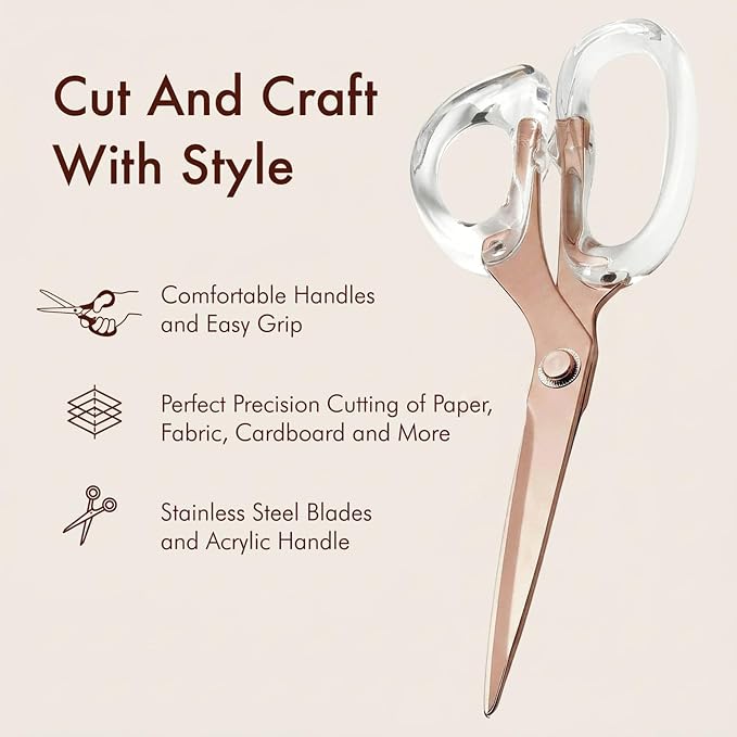 9” Stainless Steel Acrylic Scissors, Clear with Rose Gold Metal | Aesthetic and sharp all purpose scissors, Perfect for sewing, arts, and crafts, Stationery tools for office, and school