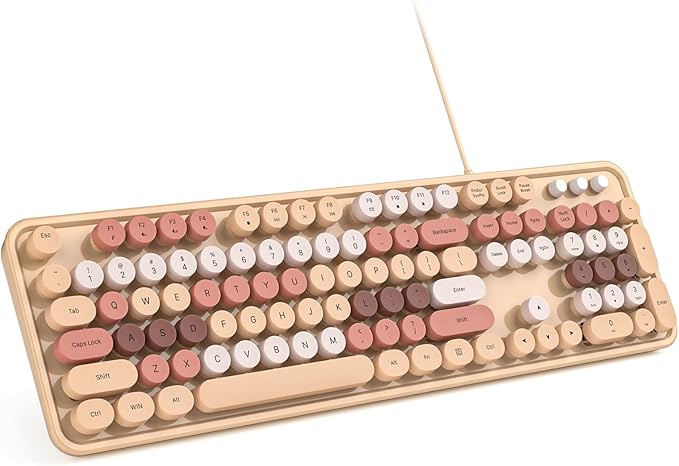 Computer Keyboard Wired, Plug Play USB Retro Round Typewriter Keyboard, Full Size Wired Keyboard with Foldable Stands for Laptop and Office PC- Milk Tea Colorful