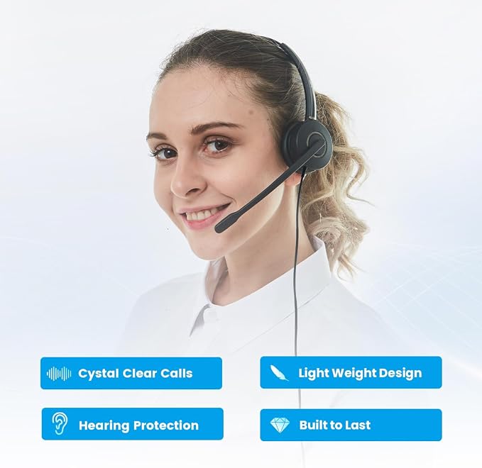 VT Telephone-Headset Microphone Noise-Cancelling Headphone QD - Quick Disconnect Call Center Headset with RJ09 Cables Compatible with Polycom,Yealink,Grandstream,Snom,Fanvil,Mitel Phones (Binaural)
