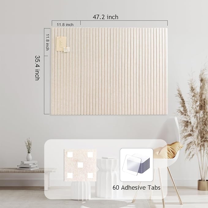 48" x 36" Large Felt Bulletin Board 1/2" Thick, Oatmeal | 12 Pack Felt Tiles, Cork Board Alternative, 60 Adhesive Tabs, Pin Board for Home Office Decor with Easy Install