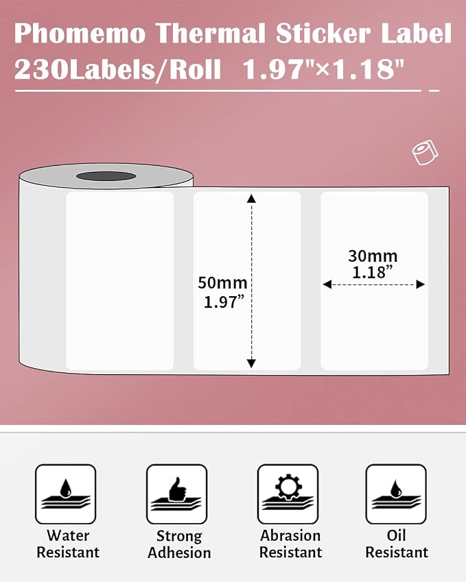 Phomemo Thermal Labels, 1.97"x 1.18", for M110/M100/M220/M108, 230 PCS | Square 50 x 30mm Name Thermal Stickers for Kids/School, 1 Roll, for Barcode/Address/Organization/Logo/Business/Home, White