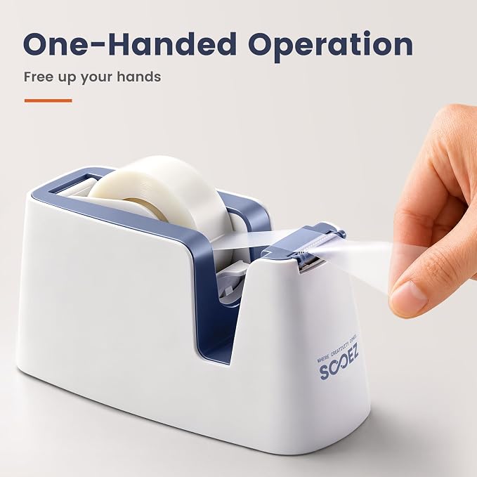 Sooez Aesthetic Tape Dispenser, Tape Holder Cutter, Everyday Desktop Use | One-Handed Use, One-Piece Core and Holder, Hidden Blade, Weighted Base, Non-Slip Pads, Fits 0.75" Tape, Office School Home