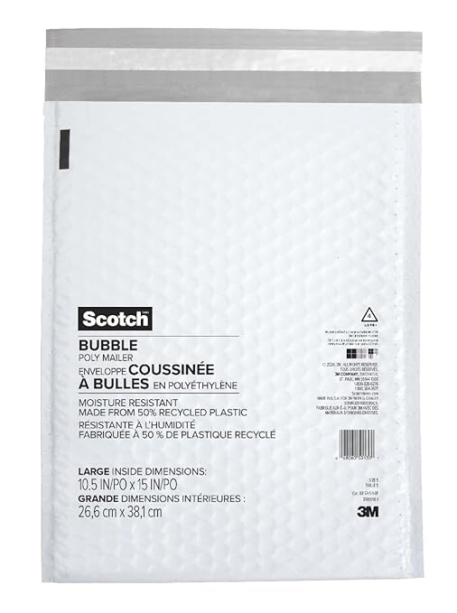 Scotch Poly Bubble Mailer, White, Large, Size 5, Inside Dimensions 10.5 IN x 15 IN, made with 50% recycled plastic