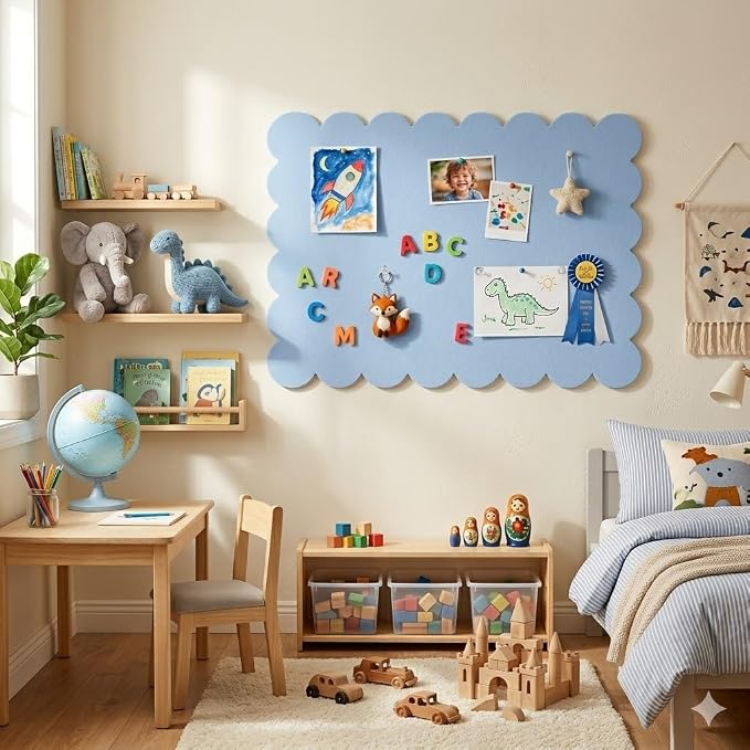 Scalloped Felt Bulletin Board 24x18 Inch, Blue Decorative Pin Board | Self Adhesive Vision Board for Wall, Memo Board for Bedroom, Dorm and Office, Felt Board for Notes, Photos and Reminders