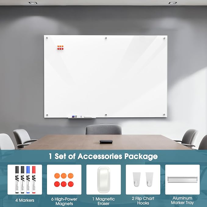 MaxGear 60" x 40" Glass Whiteboard Wall Mounted for Office Home Classroom | Magnetic Glass Dry Erase Board, Tempered Glass, Steel Backed, Non-Porous Surface, Frameless Design, Hardware Included