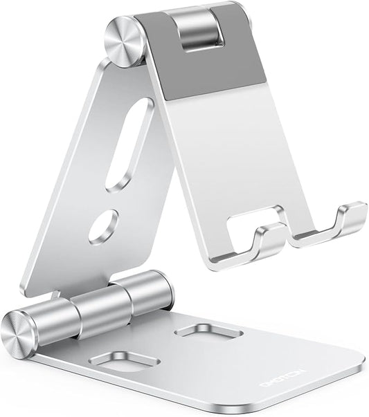 OMOTON Foldable Cell Phone Stand, C4 Portable Aluminum Phone Holder | Adjustable Phone Dock Cradle for iPhone 17/16/15 Pro Max Air, Small Tablets, All Smart Phones for Women Men Gift, Silver