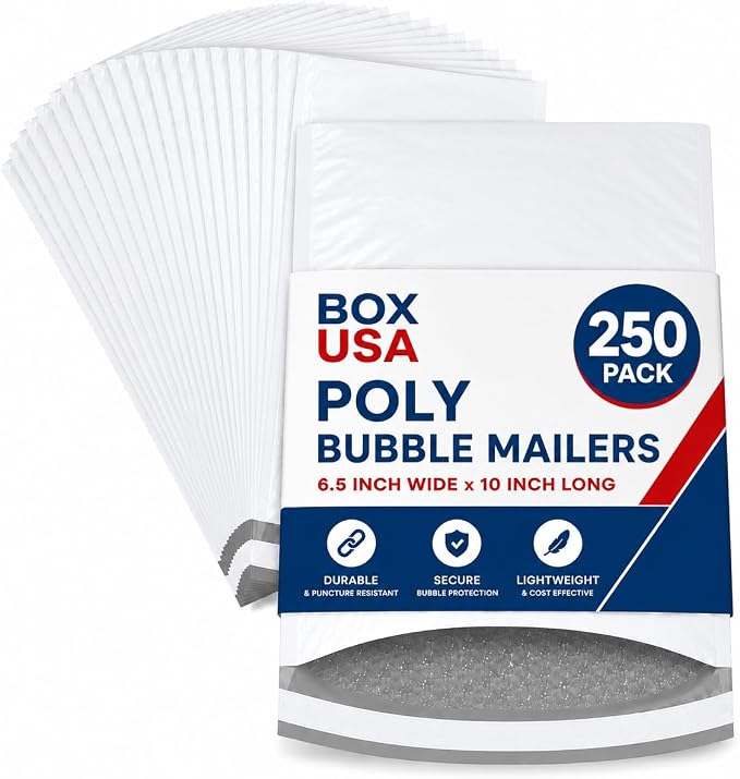 BOX USA Bubble Mailers 6-1/2" x 10" White (250-Pack) – Self-Seal Padded Envelopes with Bubble Lining, Poly Bubble Mailer Shipping Bags for Small Business, Ecommerce & Fulfillment Packaging