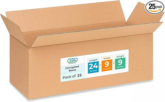 Long Moving & Shipping Boxes 24"L x 9"W x 9"H (25-Pack) - Extra Strength 200 lb vs Regular - USA-Made Corrugated Moving Boxes for Delivery - Cardboard Box for Shipping - Long Box by IDL Packaging