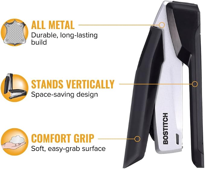 Bostitch Office Executive Metal Desktop Stapler, 3 in 1 Spring Powered Stapler, One Finger, Staple Storage Compartment & Staple Remover, Includes 210 Staples, 28 Sheet Capacity, Black/Gray