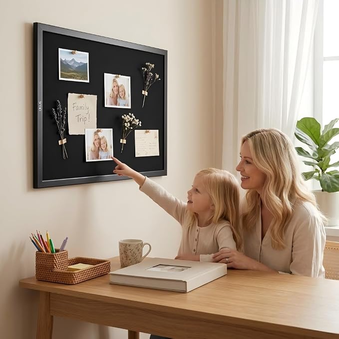 Gideal Bulletin Board 40x30 Inch, Cork Board with Grey Fabric and Pine Wood Frame, Cork Boards for Walls, Wall Mounted Fabric Notice Board for Home Office School, Vision Board Message Organizer, Black