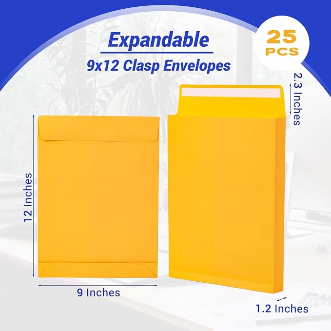 Goefun Manilla Envelopes 9x12, 180 GSM Heavyweight | Expanding, Self Seal, Catalog Envelopes, Home, Office, Business Mailing and Storing, Yellow, 25 Pack