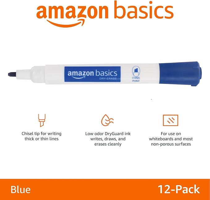 Amazon Basics Dry Erase Whiteboard Markers, Chisel Tip, Low-Odor, Blue, 12-Pack, For Drawing, Sketching and Writing