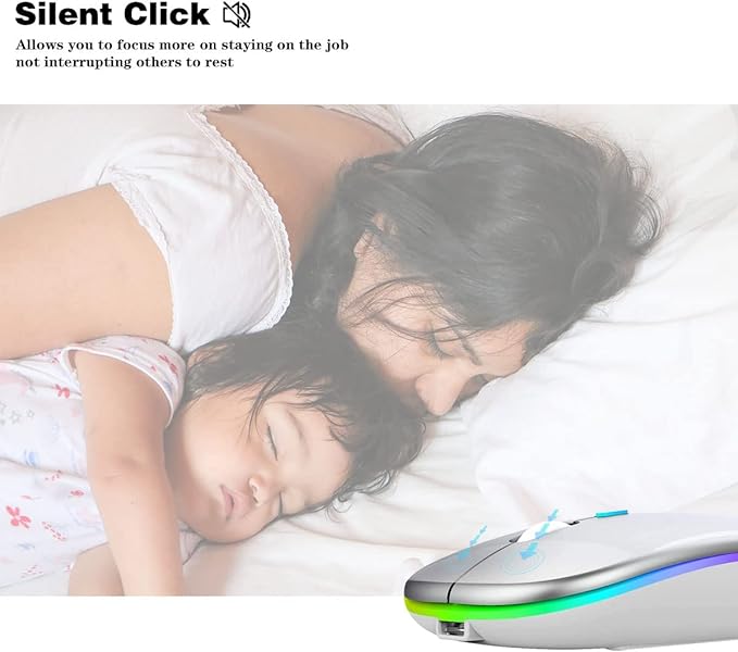 Wireless Bluetooth Mouse Rechargeable Laptop Mice with LED Lights Silent Slim Use(BT5.2 and 2.4G Portable USB Receiver)Dual Mode Computer Mouse for Laptop/iPad/Tablet/Apple/Computer/Mac(Silver)