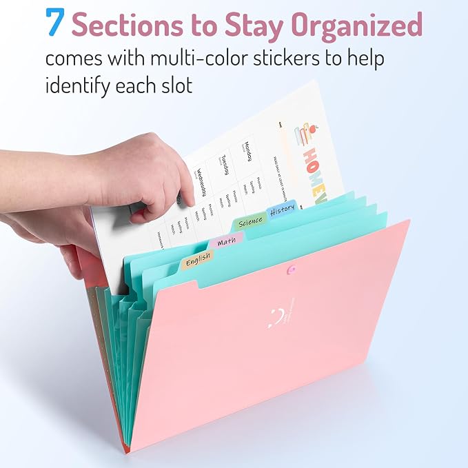 Forvencer Accordion File Organizer, 7 Pocket Expanding File Folder, Letter | Cute File Folder with Labels, Portable File Organizer for School Office Supplies, Folders for Documents, Red