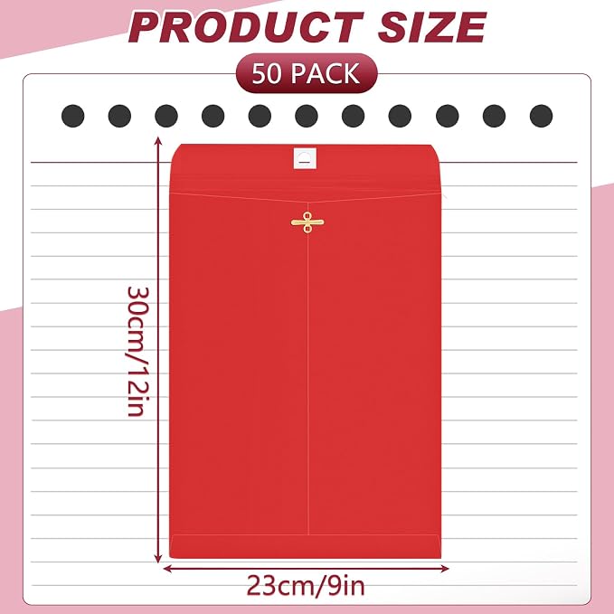 Geyee 50 Pcs 9 x 12 Inch Clasp Envelopes Letter Size Mailing Envelopes with Clasp Closure for Filing Storing Documents Office Home Business School (Red)