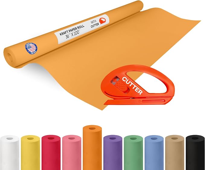 Orange Kraft Paper Roll 36" x 1200" (100 feet) with Cutter - USA-Made Gift Wrapping Paper for Packing, Moving, Shipping & Crafts/Arts - 100% Recyclable Natural Craft Material by IDL Packaging | Gift Wrapping Paper for Packing, Moving, Shipping & Crafts...