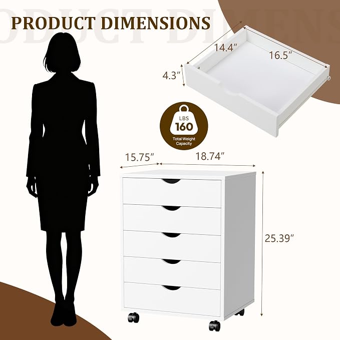 5 Drawer Rolling Storage Cabinet, Mobile File Cabinet for Office, White | Rolling Storage Cabinet with 5 Drawers for Desk Drawer Organization, Home Office Storage and Printer Stand
