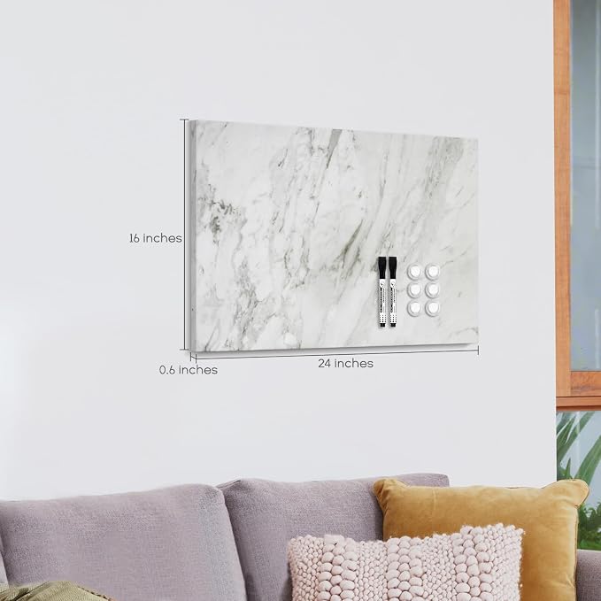 Decorative Magnetic Board for Wall, 24''x18'' Dry Erase Board, White Marble | Magnet Board, Display Board, Wall Mounted, for Home, Office, Kitchen, 2 Markers, 6 Magnets