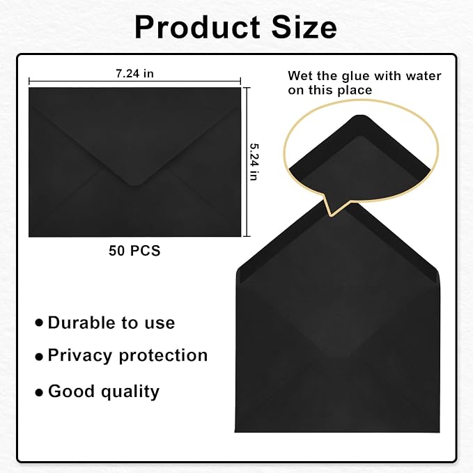 50 Pack A7 Envelopes, Black Greeting Card Envelopes Self Seal, 5.24 x 7.24 in Envelopes for Birthday Graduation Baby Shower Wedding Invitation Cards