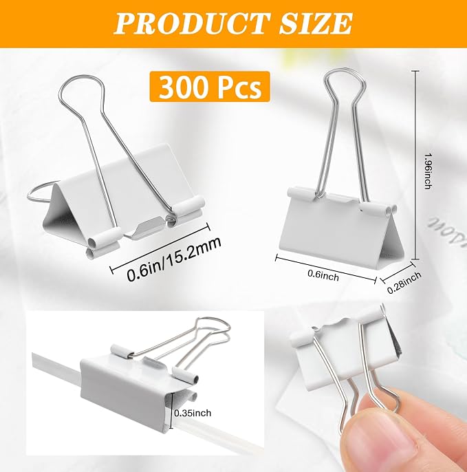 Jetec 300 Pack 0.6in/15mm White Metal Binder Clips Bulk Small Reusable Fold Back Binder Clips Paper Clamps Spring Steel Sturdy for Home Office School Supplies