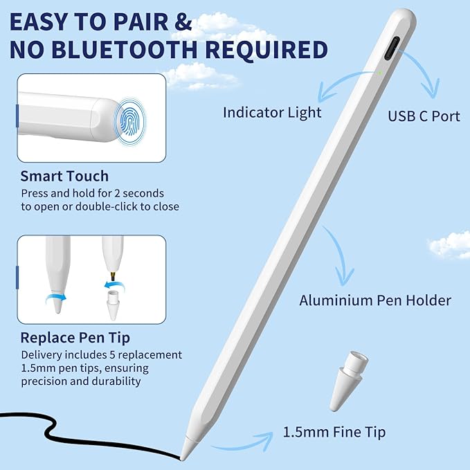 iPad Apple Pencil 9th&10th Generation, Fast Charge Stylus Pen for Palm Rejection and Tilt Sensitivity, Compatible with iPad Pro 11/12.9in, Mini 5/6, iPad 6/7/8/9/10, Air 3/4/5 (White)