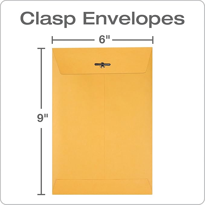 Quality Park 6x9 Clasp Envelopes, Extra Heavyweight 32 lb. Manila Kraft Envelopes, Gummed Seal and Clasp for Storing or Mailing, 100/Box (QUA37755)