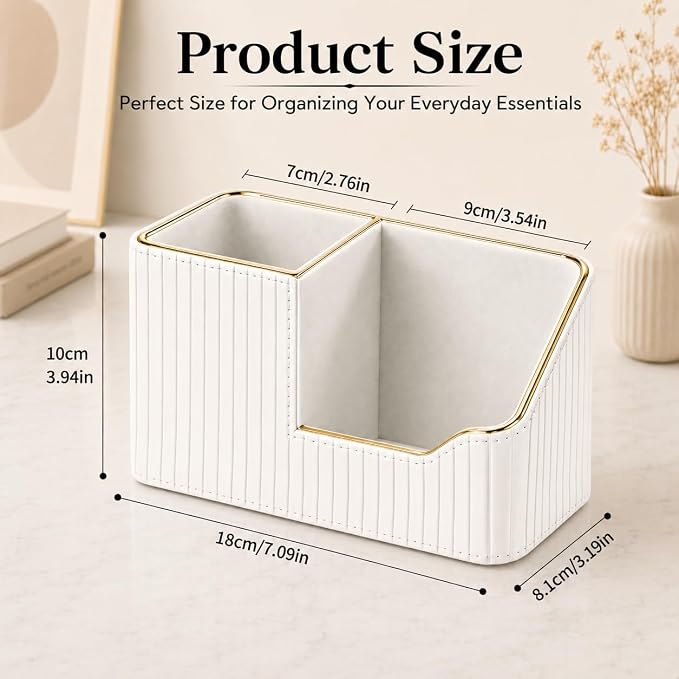 Luxury PU Leather Desk Organizer for Office Accessories, Aesthetic Pen Holder for Desk, Modern Desktop Storage Organizer for Home Office Supplies Cream White with Gold Trim