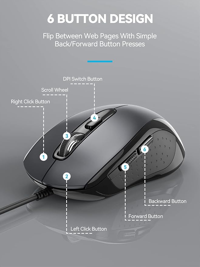TECKNET Computer Wired Mouse, USB Mice for Laptop with 6-Button, 3600DPI Optical PC Wired Mouse, Home and Office 5FT USB-A Corded Comfortable Mice, Plug & Play, NO Battery Required- Light Grey