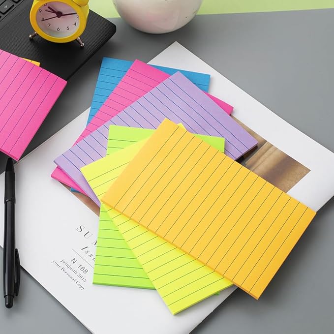 (6 Pack) Lined Sticky Notes 4x6 in,Large Notepads with Lines,Ruled Stickies Super Sticking Power,Office School Memo Note Pads Bright Colors,Post on Windows Doors,Recyclable,Easy to Write on