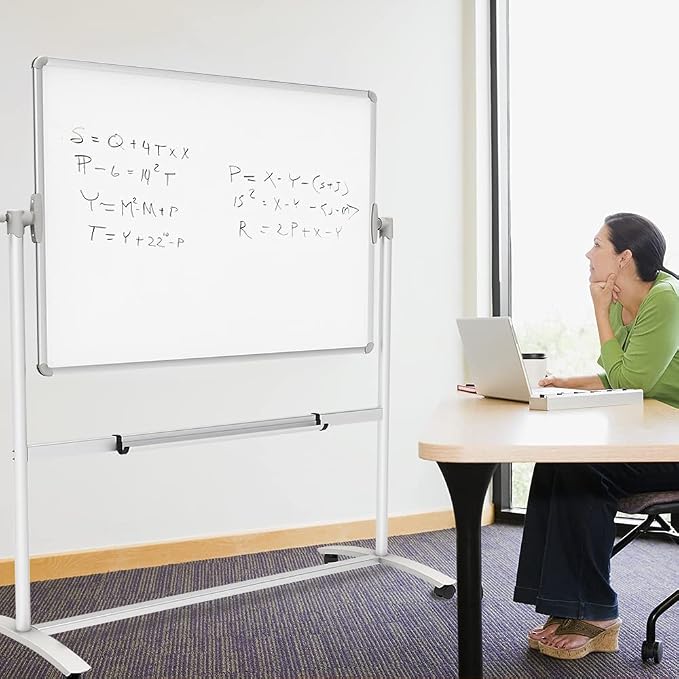 VIZ-PRO Double-Sided Magnetic Mobile Whiteboard on Wheels, 48 x 36 Inches | Rolling Dry Erase Board with Stand for School Office Home 4' x 3'