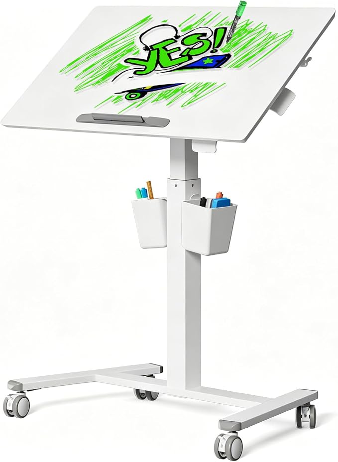 35" Glass Mobile Standing Desk, Foldable Desktop for Storage | Height Adjustable Portable Drafting & Laptop Desk with Wheels, Small Rolling Whiteboard for School Home Office, White