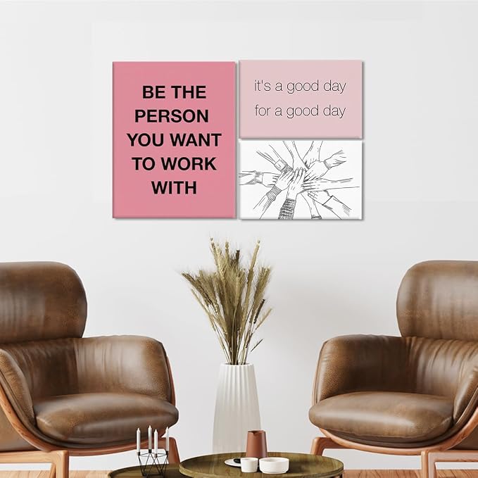 YEOION Inspirational Office Wall Art for Women,Motivational Teamwork Wall Decor for Office,Pink and Black Postive Quote Workplace Canvas Wall Art for Set of 6