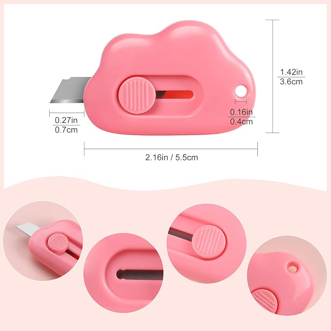 Cloud Box Cutter Retractable, 6Pcs Mini Utility Knife Letter Opener Envelope Slitter, Small Package Opener Paper Cutters with Keychain Hole for Office Home School Stationery DIY Crafts Rainbow Color