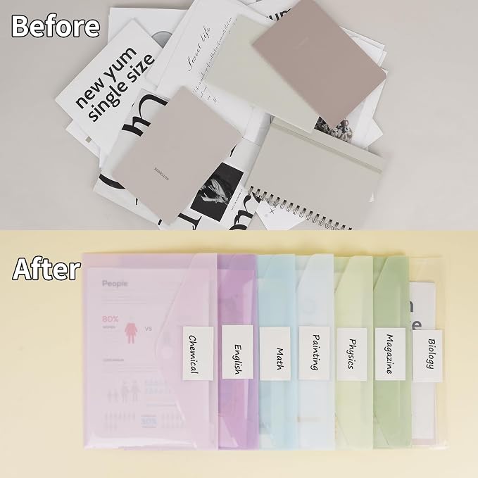EOOUT 7pcs Plastic Envelopes, Plastic File Folders for Documents, Hook & Loop Closure File Folders with Label Pocket A4 Size for School and Office Supplies