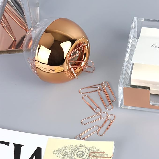 Rose Gold Paper Clip Holder Medium Holographic Paper Clips Dispenser 100pcs 28mm Paperclips for Desk Organizer Accessories (Rose Gold)