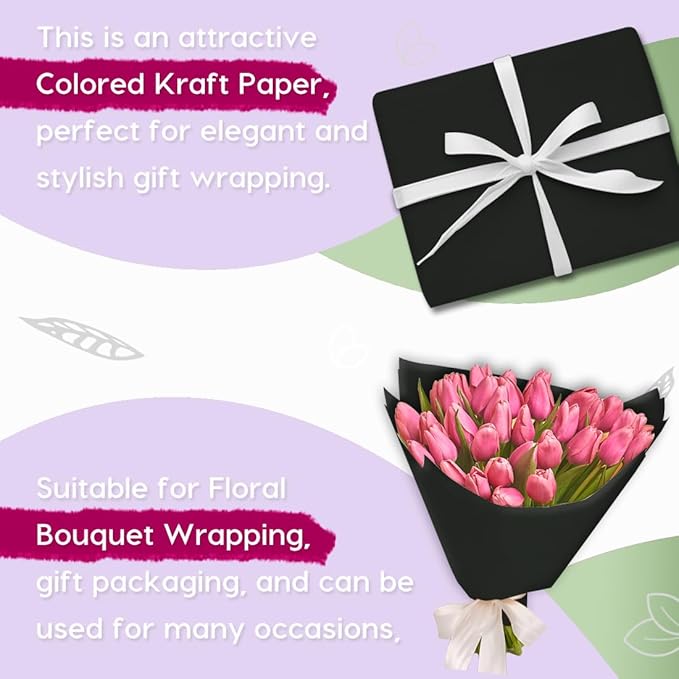 SMART&CASUAL Black Wrapping Paper 17.8" x 760" (63') Kraft Craft Paper Roll for Gift Bulletin Board Bouquet Flower Kids Art Packing Parcel Table Covering 80GSM 55LB (Black, 17.8" x 63')